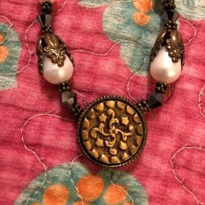Faux pearl and vintage button necklace